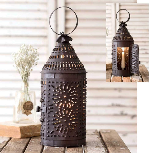 Rustic Brown Punched Tin Paul Revere Candle Lantern
