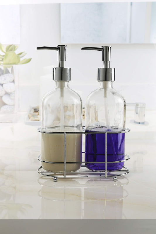Circleware Duo Dispenser Silver Accent Bottle Pumps in Metal Caddy