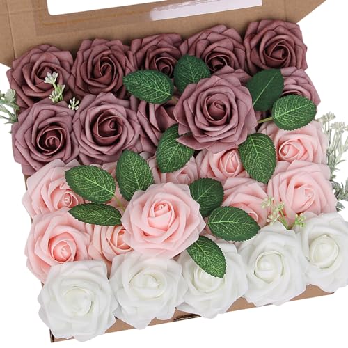 Faux Rose Flowers Wedding Flowers with Leaves and Stems