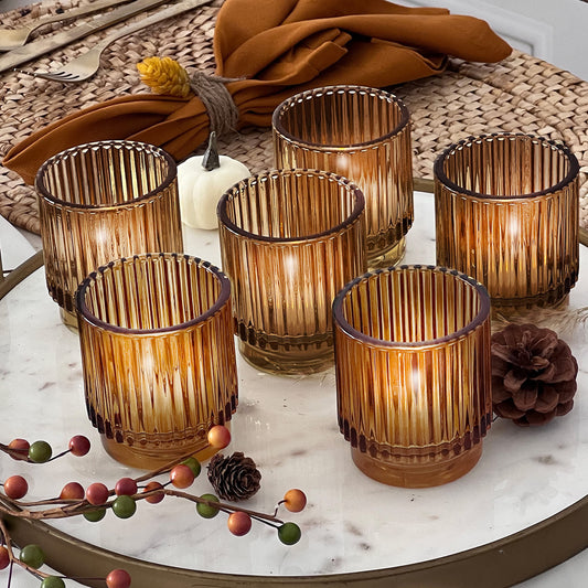 Kate Aspen Vintage Ribbed Amber Glass Tealight & Votive Candle Holders